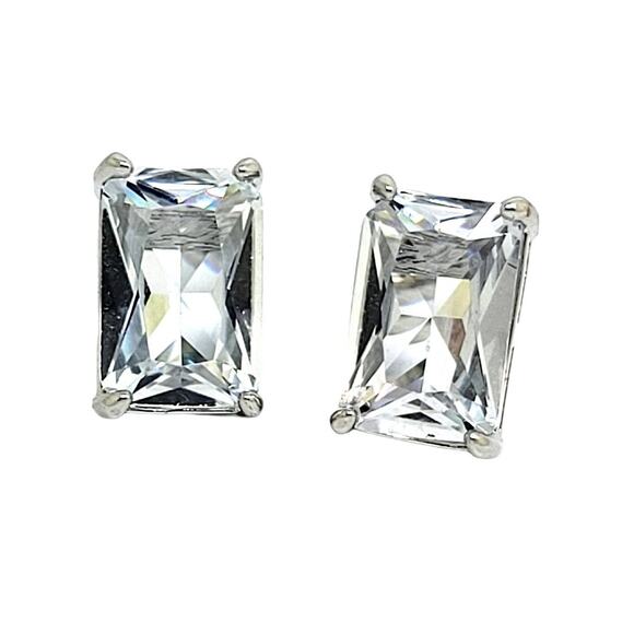 Elegant Silver Emerald Cut BlueWhite Cubic Zirconia Stud Earrings - Picture 1 of 8